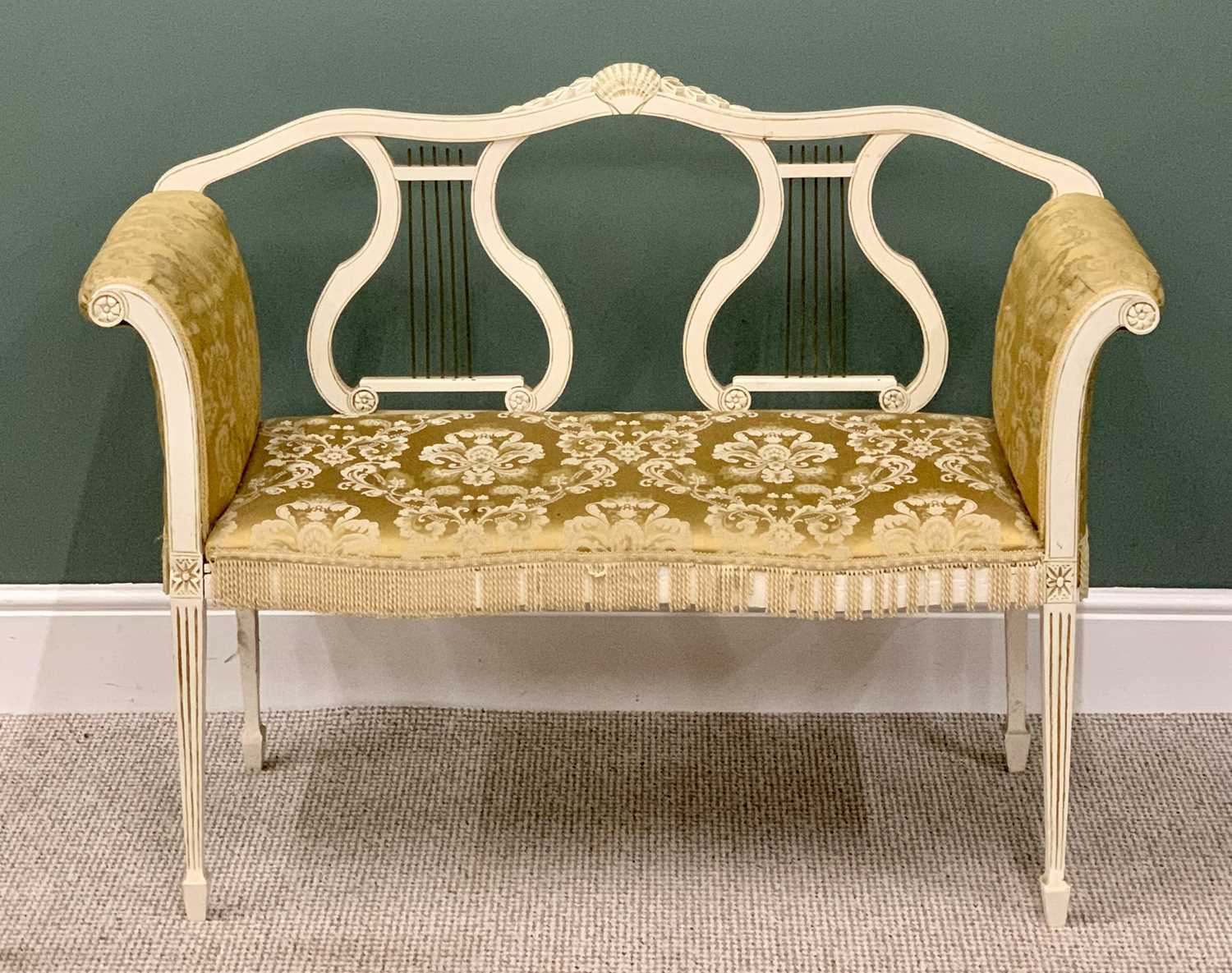 LYRE BACK TWO SEATER PARLOUR COUCH - on spade and tapered supports, painted white, 87cms H, 112cms