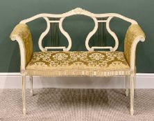 LYRE BACK TWO SEATER PARLOUR COUCH - on spade and tapered supports, painted white, 87cms H, 112cms