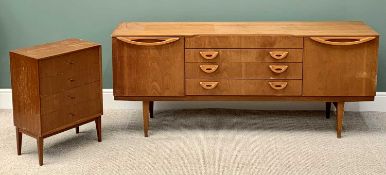 MID CENTURY TEAK LONG SIDEBOARD - having four central drawers flanked by twin cupboard doors, on