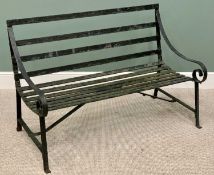 WROUGHT IRON BENCH - with iron slats to the seat and back, 84cms H, 127cms W, 66cms D