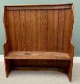 CIRCA 1900 PITCH PINE SETTLE - having a semi-curved back to one end, 141cms H, 127cms W, 34cms D