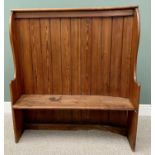 CIRCA 1900 PITCH PINE SETTLE - having a semi-curved back to one end, 141cms H, 127cms W, 34cms D