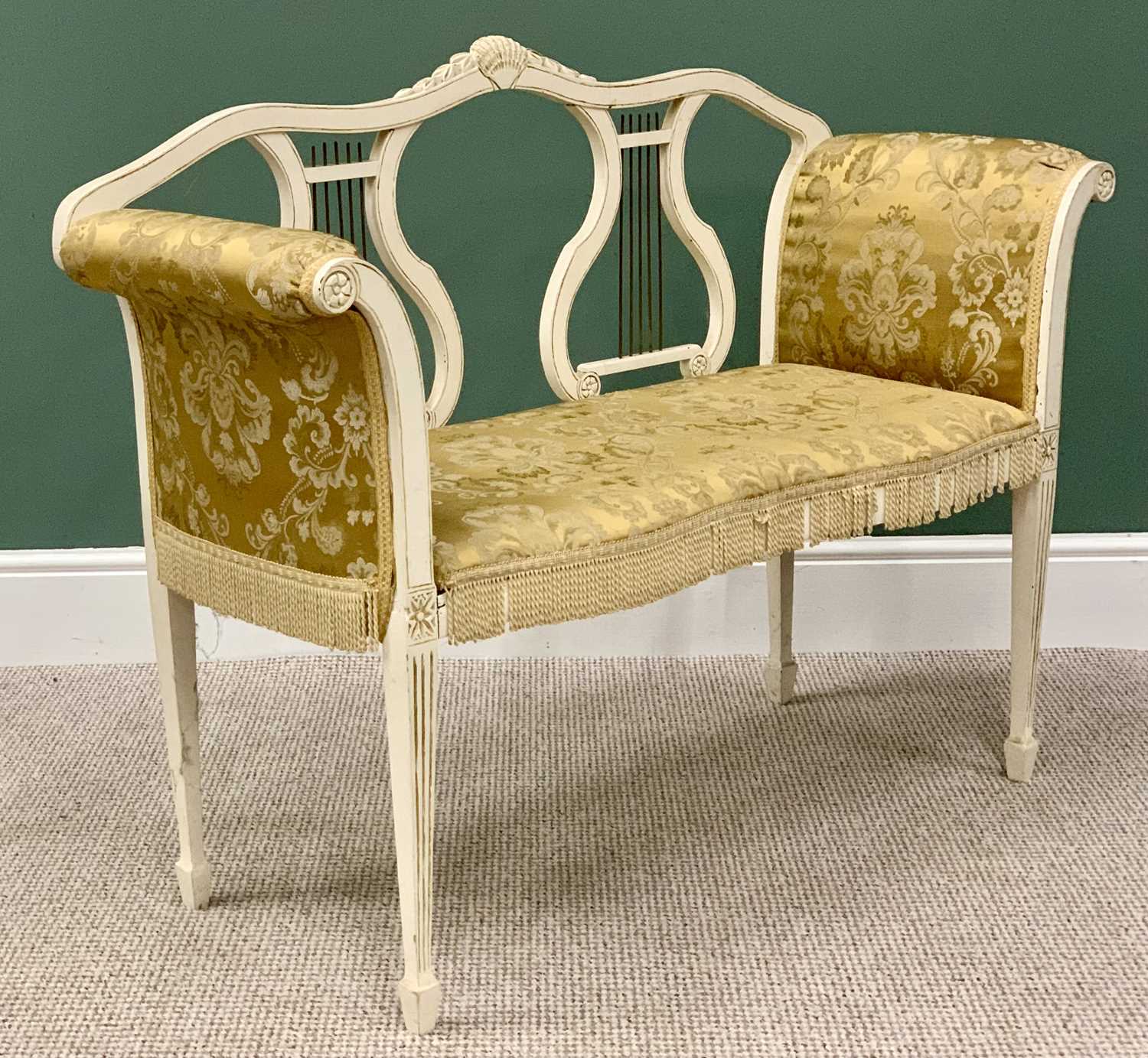 LYRE BACK TWO SEATER PARLOUR COUCH - on spade and tapered supports, painted white, 87cms H, 112cms - Image 2 of 3