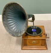 "THE GLEANERS" OAK WIND-UP VINTAGE GRAMOPHONE - with blue painted metal horn and winding handle,