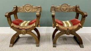 PAIR OF 20th CENTURY "X" FRAMED ARMCHAIRS - with shieldback carved detail and tasselled fabric