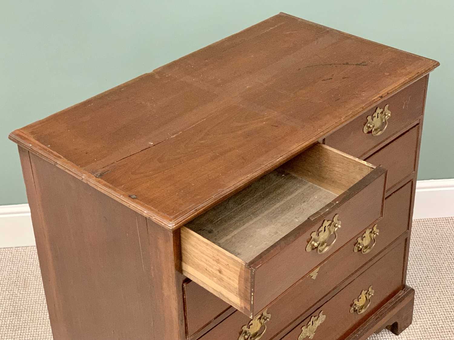 CIRCA 1840 MAHOGANY CHEST - having two short over three long oak lined drawers, all having - Image 3 of 3