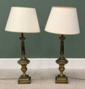 REPRODUCTION BRASS CLASSICAL STYLE TABLE LAMPS - a pair, with shades and having acanthus leaf