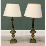 REPRODUCTION BRASS CLASSICAL STYLE TABLE LAMPS - a pair, with shades and having acanthus leaf