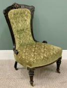 LADY'S SPOONBACK EASY CHAIRS - Edwardian ebonized, on turned supports and castors, 96cms H, 61cms W,