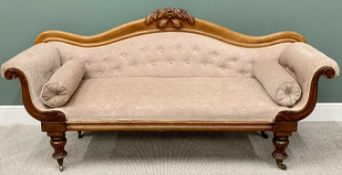 VICTORIAN MAHOGANY SCROLL END SETTEE - having leaf and floral carved detail to the crest, leaf