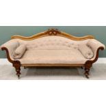 VICTORIAN MAHOGANY SCROLL END SETTEE - having leaf and floral carved detail to the crest, leaf