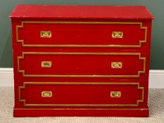 INTERESTING RED & GILT PAINTED CHEST - having three drawers, each inset with brass campaign style
