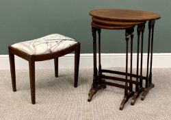 OVAL TOPPED SET OF THREE INLAID MAHOGANY OCCASIONAL TABLES - 72cms H, 65cms W, 42cms D (the largest)