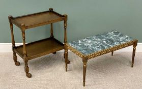 MARBLE & GILT WOOD EFFECT COFFEE TABLE - 46cms H, 93cms L, 47cms W & A TWO TIER OAK PRIORY STYLE TEA