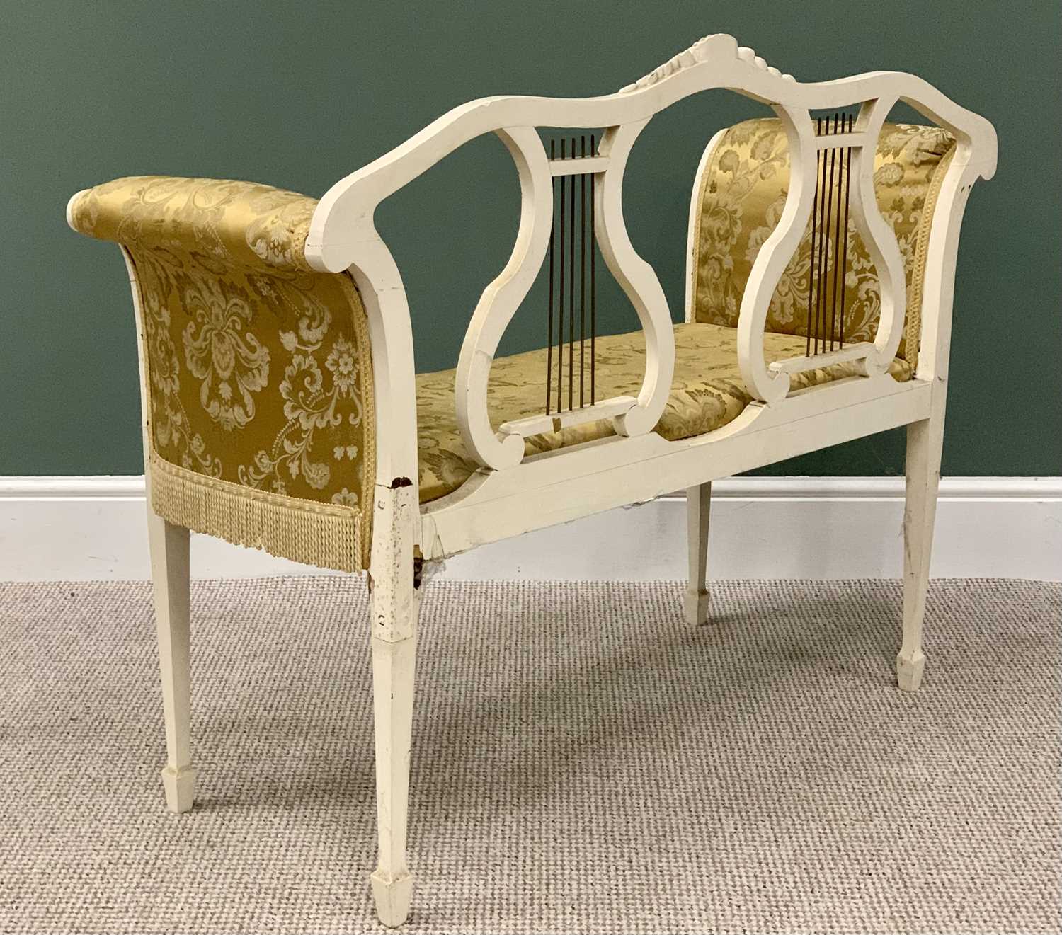 LYRE BACK TWO SEATER PARLOUR COUCH - on spade and tapered supports, painted white, 87cms H, 112cms - Image 3 of 3
