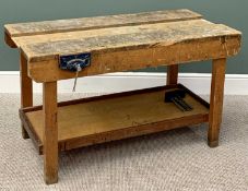 VINTAGE WORKBENCH WITH VICE - on block supports with lower shelf, 71cms H, 122cms W, 61cms D
