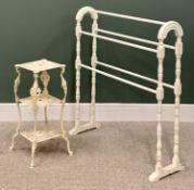 METAL PLANT STAND - having three pierced and patterned square shelves with shaped supports, 70cms H,
