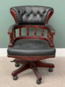 REPRODUCTION MAHOGANY & LEATHER EFFECT SWIVEL ACTION CAPTAIN'S OFFICE CHAIR - 101cms H, 68cms W,