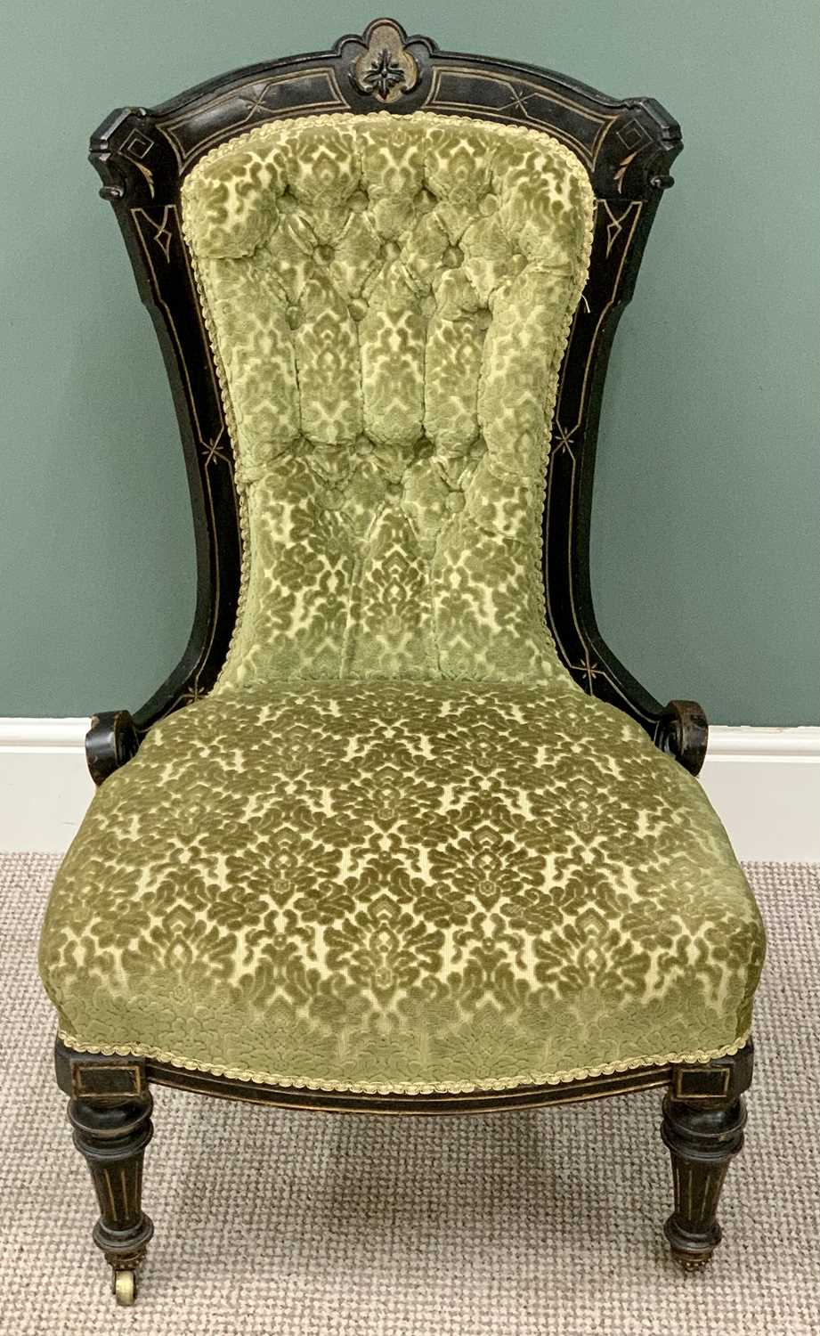 LADY'S SPOONBACK EASY CHAIRS - Edwardian ebonized, on turned supports and castors, 96cms H, 61cms W, - Image 2 of 3