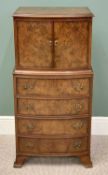 REPRODUCTION FIGURED WALNUT TALLBOY/SIDE CABINET - having twin bow fronted upper doors over four bow