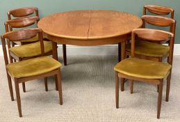 MID CENTURY TEAK DINING TABLE & SET OF SIX CHAIRS - by Meredew, 72cms H, 170cms diameter (extended
