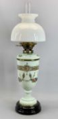 VICTORIAN GREEN OPAQUE GLASS OIL LAMP with paint enamelled decoration of swags and flowers, on