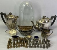 MATCHED EPBM/EPNS 4 PIECE TEA SERVICE, silver and other condiment items, vintage glass dome and a 32