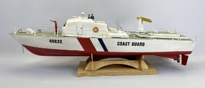 SCALE MODEL COASTGUARD MOTORBOAT - the hull painted white and red, with stand, 25cms H, 75cms L
