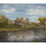 E RUBI? oil on board - a castle next to river, signed, 62 x 73cms
