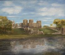 E RUBI? oil on board - a castle next to river, signed, 62 x 73cms