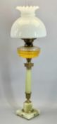 VICTORIAN OIL LAMP - alabaster column and square base with gilded metal mounts, circular clear glass