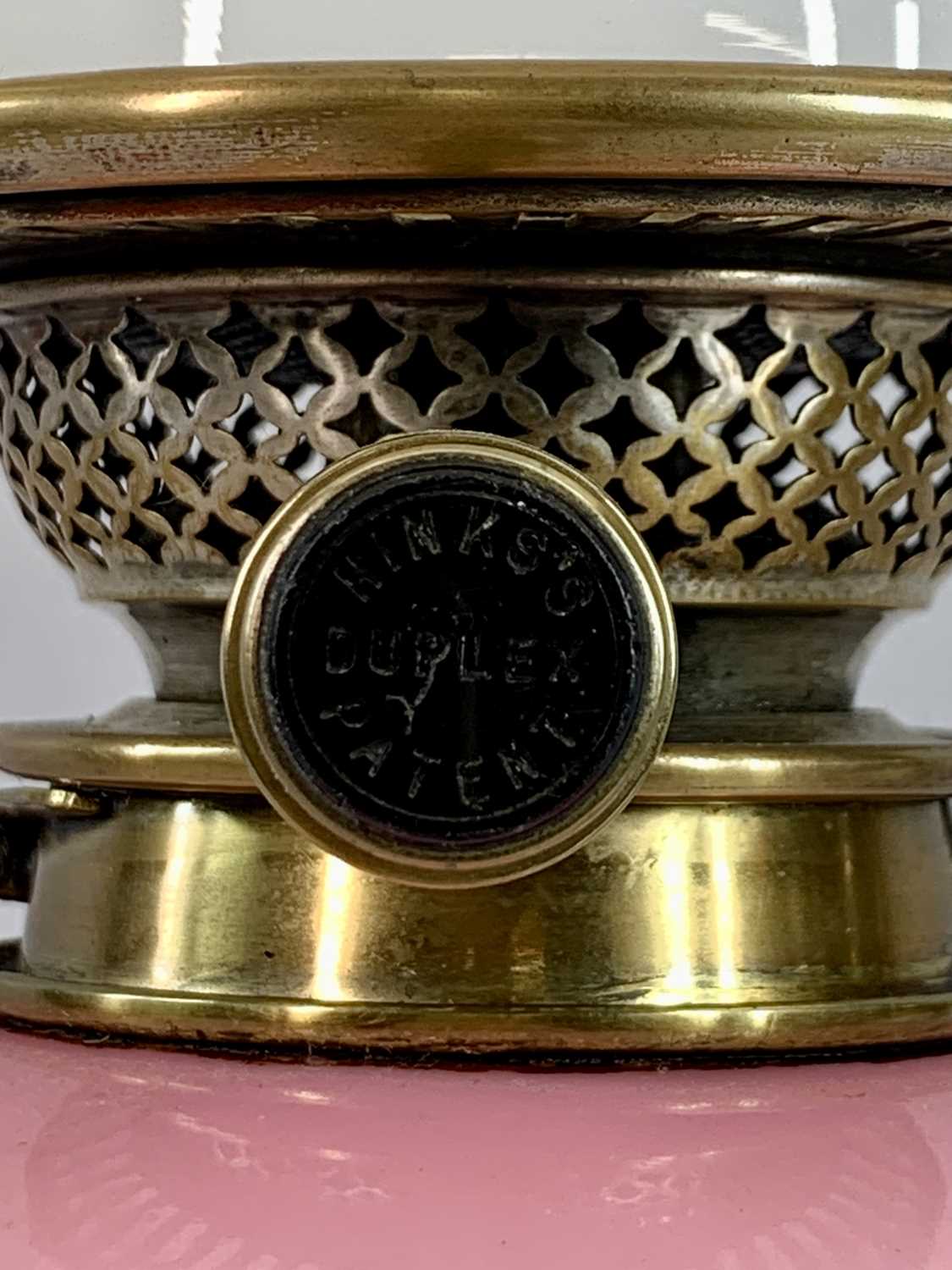 VICTORIAN PINK OPAQUE GLASS OIL LAMP - with gilded metal mounts, hand painted decoration with bird - Image 2 of 3