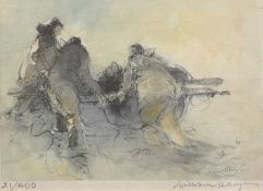 WILLIAM SELWYN limited edition print (21/400) - men tending fishing boat, signed in pencil, 14 x