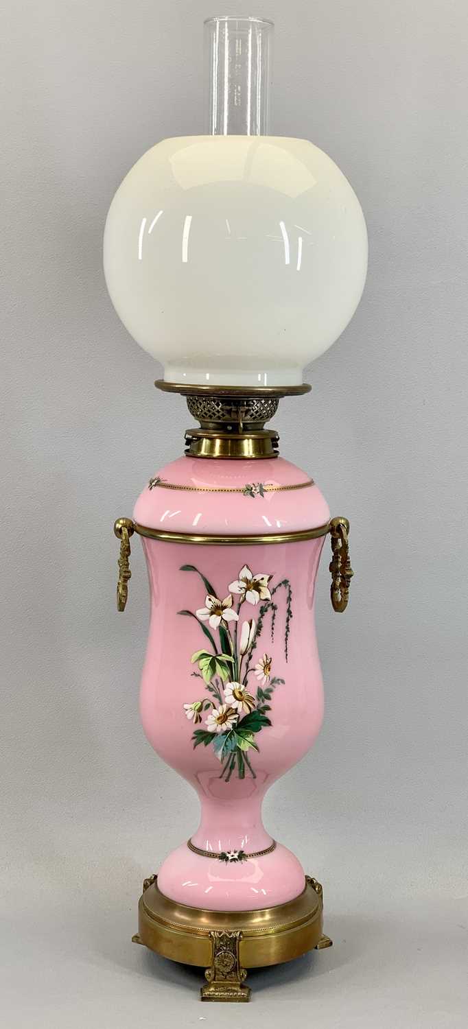 VICTORIAN PINK OPAQUE GLASS OIL LAMP - with gilded metal mounts, hand painted decoration with bird - Image 3 of 3