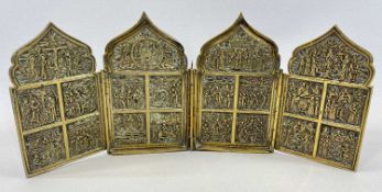 FINE RUSSIAN GILDED CAST BRONZE QUADRIPTYCH/TRAVELLING ALTAR - of gothic outline, the panels