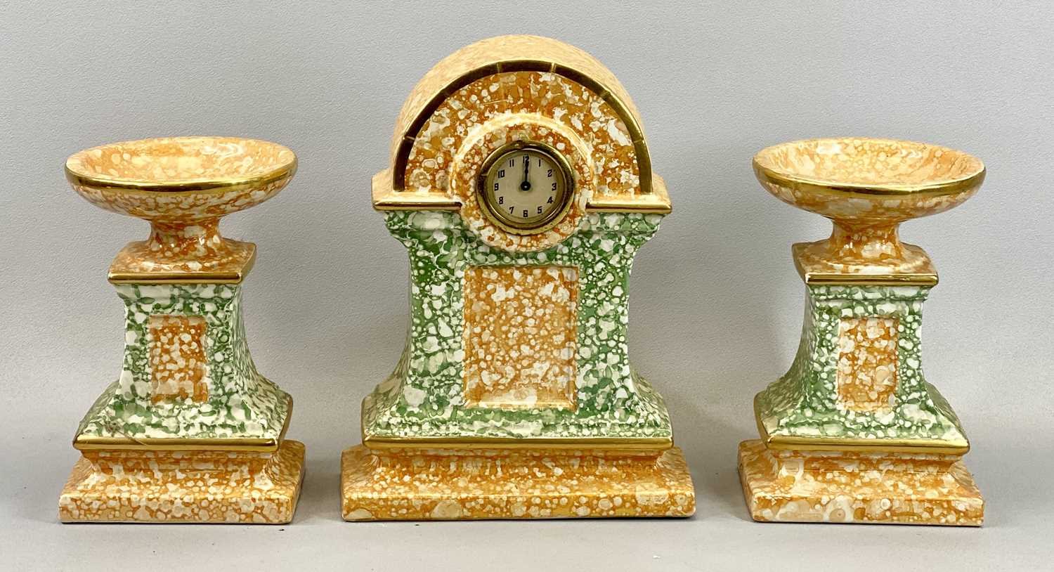 A N C POTTERY CLOCK GARNITURE - of Art Deco design, orange and green mottled glaze, clock 31cms H, - Image 3 of 3