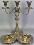 QUALITY SILVER ON COPPER CANDELABRA and two circular chamber sticks with snuffers marked 'George
