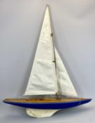 SCALE MODEL YACHT - of wooden construction, the hull painted blue, the keel cream, fully rigged,