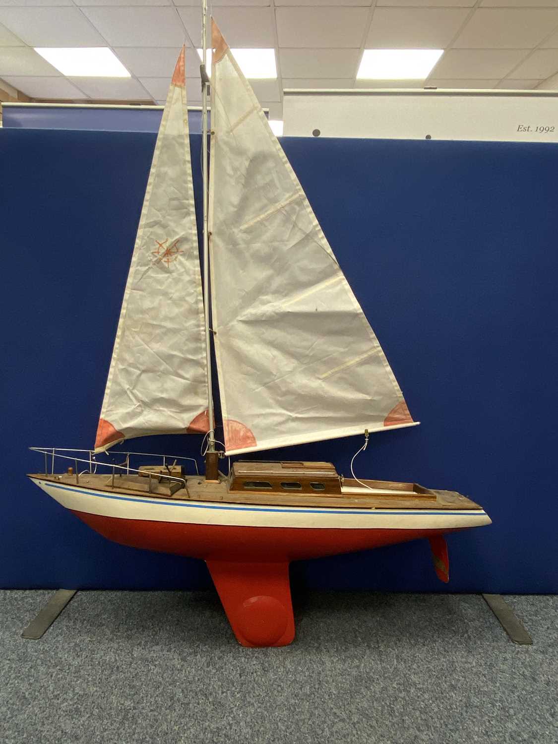 SCALE MODEL YACHT - 'Del Bach', of wooden construction, with cream and red hull, red weighted keel