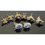 BLUE SAPPHIRE & DIAMOND MOUNTED EARRINGS, four pairs, all unmarked and untested, yellow and white