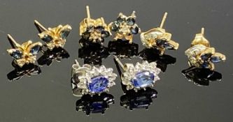 BLUE SAPPHIRE & DIAMOND MOUNTED EARRINGS, four pairs, all unmarked and untested, yellow and white