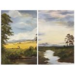 ANGELA WILLIAMS oils on board (2) - rural river scene and sunset, 54 x 79cms and a similar scene