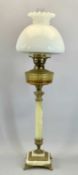 VICTORIAN OIL LAMP - alabaster column and stepped square base with gilded metal mounts, amber