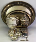 MIXED SILVER PLATED & OTHER METALWARE to include two oval hotel ware serving trays, 46 and 60.5cms