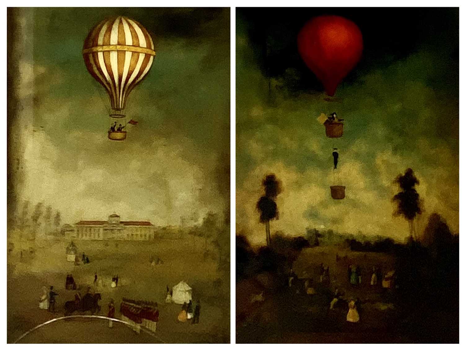 VINTAGE PRINTS, A PAIR - Victorian hot air balloons above gatherings, 79 x 48cms, a framed tapestry,
