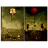 VINTAGE PRINTS, A PAIR - Victorian hot air balloons above gatherings, 79 x 48cms, a framed tapestry,