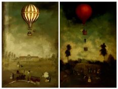 VINTAGE PRINTS, A PAIR - Victorian hot air balloons above gatherings, 79 x 48cms, a framed tapestry,