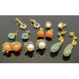 PRECIOUS & SEMI-PRECIOUS STONE SET EARRINGS, seven pairs including a cultured pearl set with blue