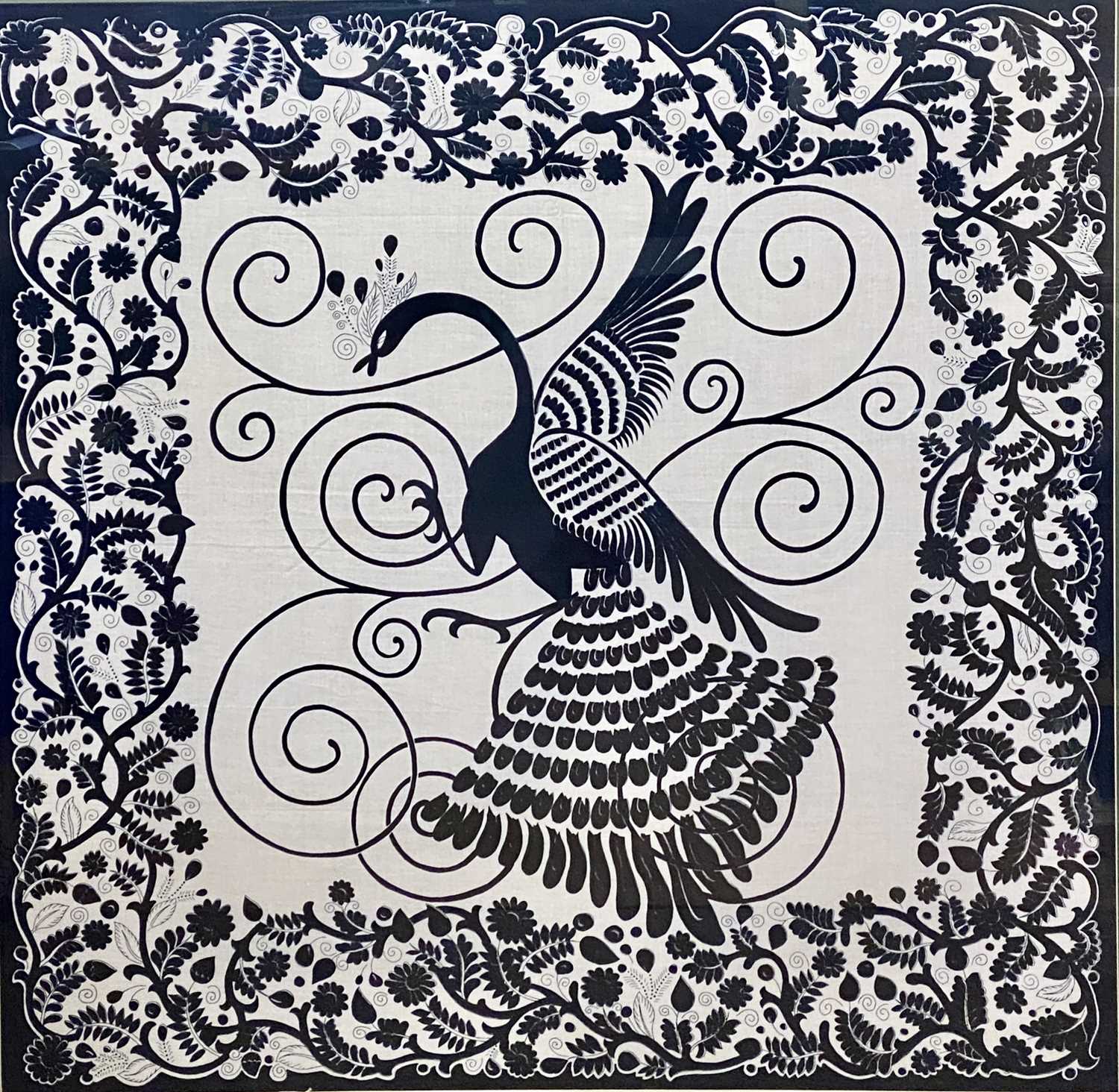 CHINESE SCREEN PRINT - in black and white depicting a peacock within a floral border, 81 x 82cms