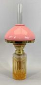 VICTORIAN CYLINDRICAL CUT GLASS OIL LAMP - single burner, pink glass conical shade, 47cms overall